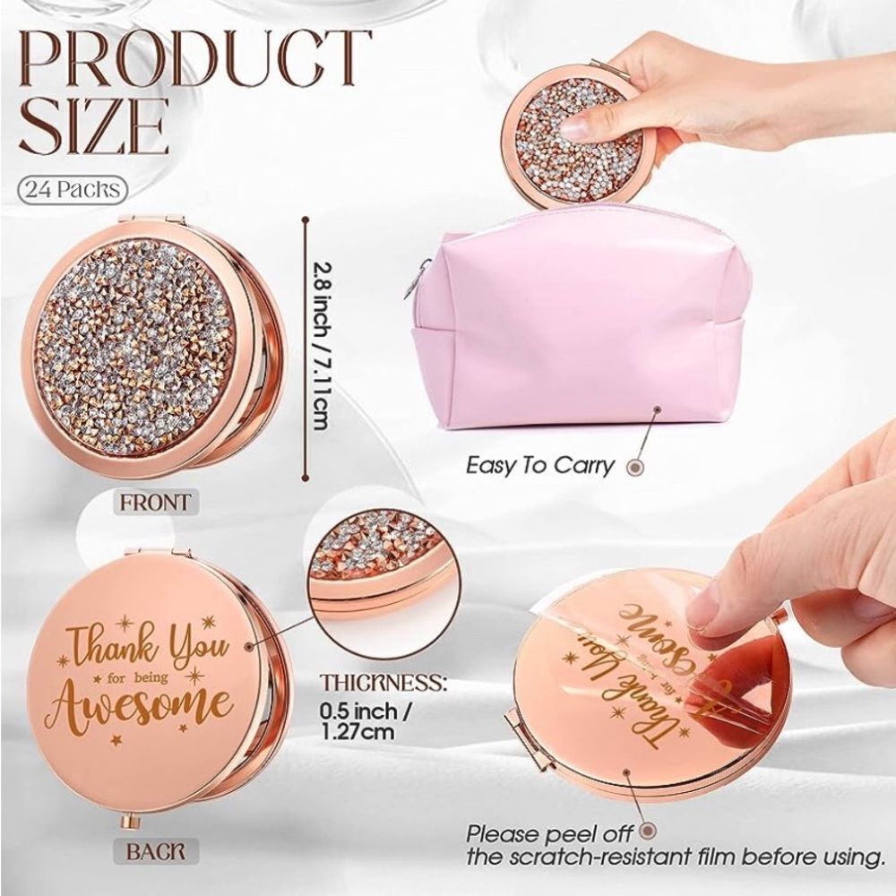 Box of 6 Rose Gold Compact Mirror “Thank You For Being Awesome” with rhinestones - Picture 3 of 5